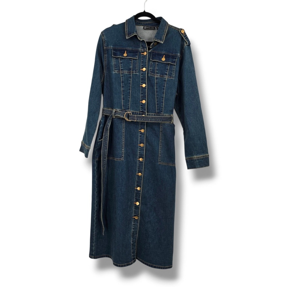 New York & Company Denim Midi Utility Shirt Dress Dark Wash Belted XL Sleeve